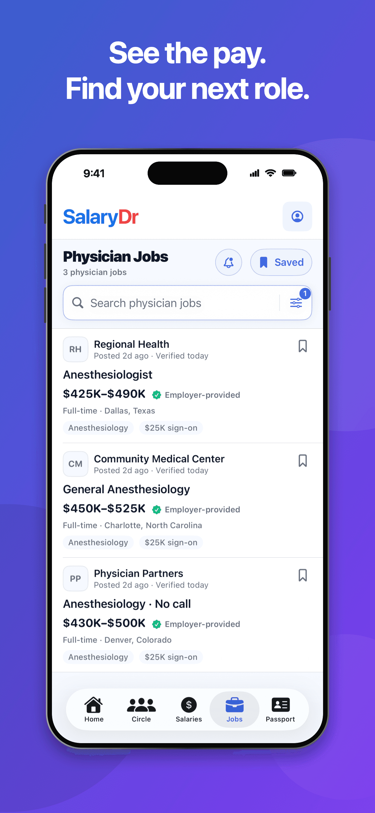 SalaryDr's physician job search with pay ranges and saved jobs