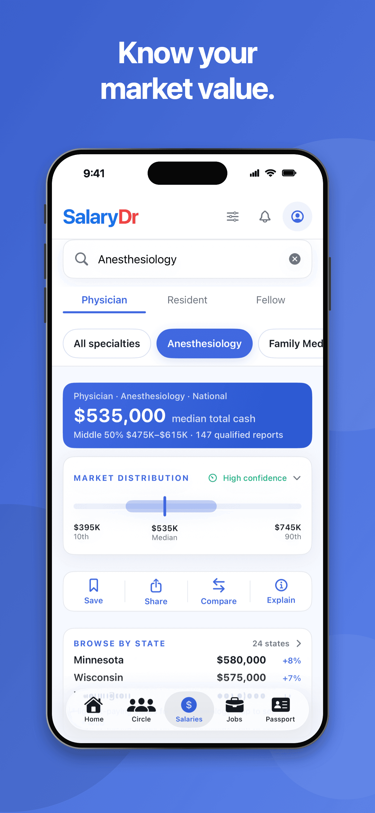The SalaryDr iOS app showing a specialty pay benchmark, market distribution, and state comparisons